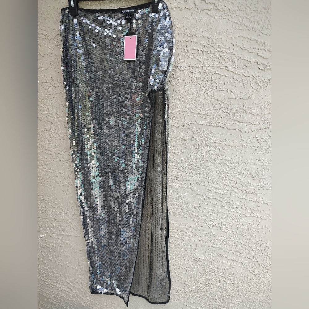 Pretty Little Thing Black Sheer Sequin Thigh Split Maxi Skirt